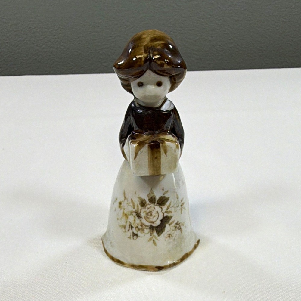 Hand Painted Ceramic Glazed Woman Figurine Bell, Floral, White/Brown/Gold 4 in